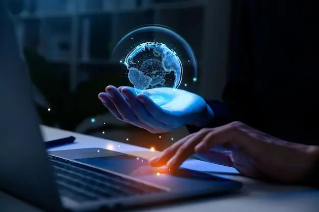 A professional working on a laptop with a futuristic holographic globe hovering above their hand, symbolizing innovation in global digital strategy by best freelance digital marketer in Dubai.