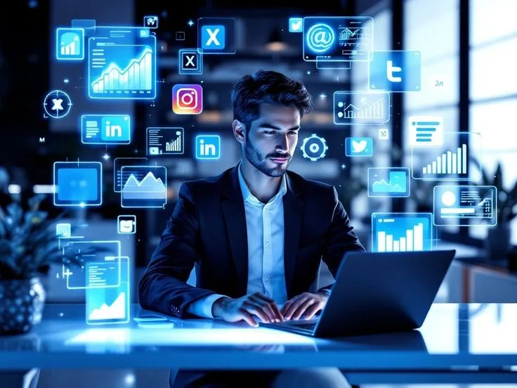The best freelance digital marketer in Dubai managing multiple social media platforms and analytics tools on a laptop in a high-tech workspace.