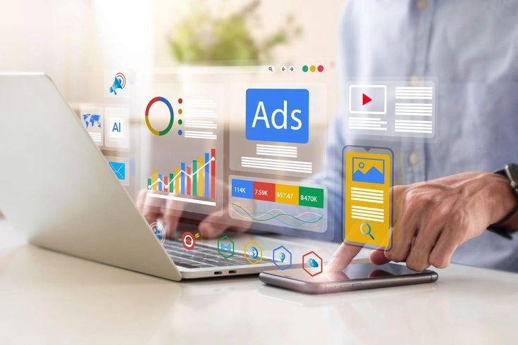 Performance marketing dashboard with ads, analytics, and engagement metrics displayed across laptop and mobile, managed by the best freelance digital marketer in Dubai.