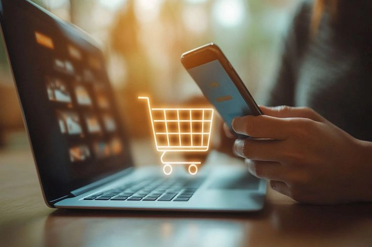 Online shopper using a smartphone and laptop with a glowing shopping cart icon e-commerce strategy designed by the best freelance digital marketer in Dubai.