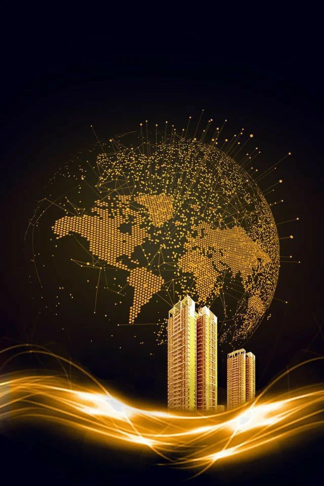 A golden digital globe above modern skyscrapers with glowing waves, symbolizing global reach and innovation by the best freelance digital marketer in Dubai.