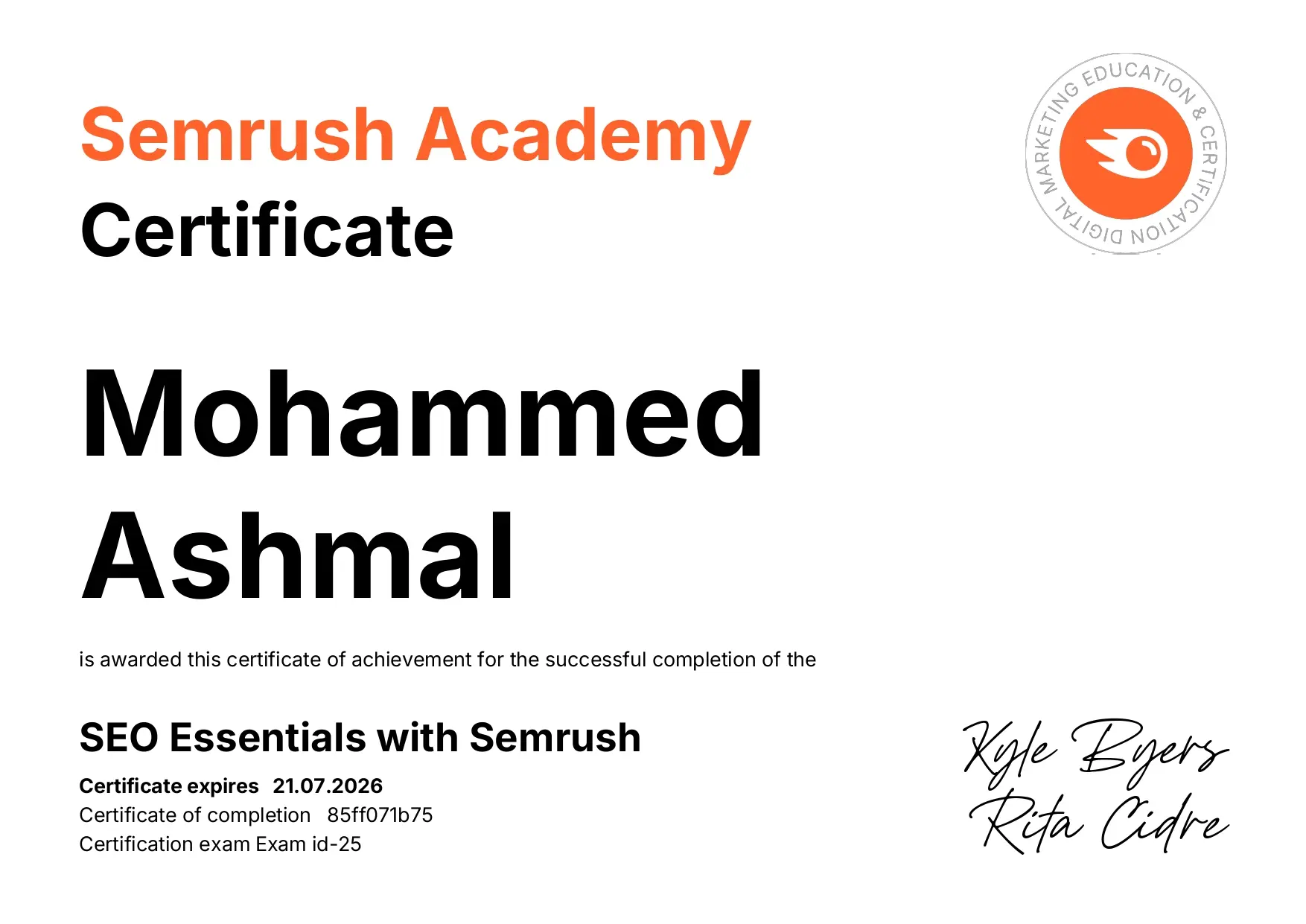 semrush-certificate-by-best-freelance-digital-marketer-in-dubai